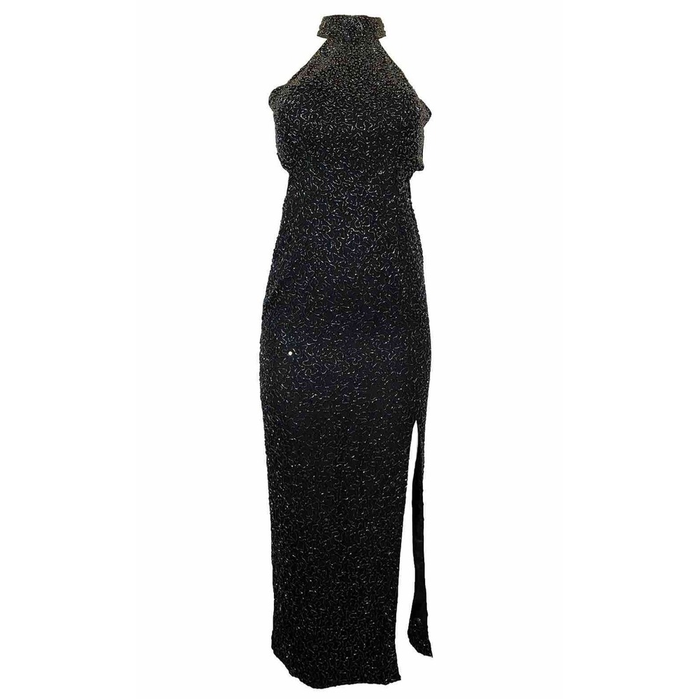 Vintage Cache Maxi Evening Dress Silk Beaded Cut Out Back Sleeveless She…